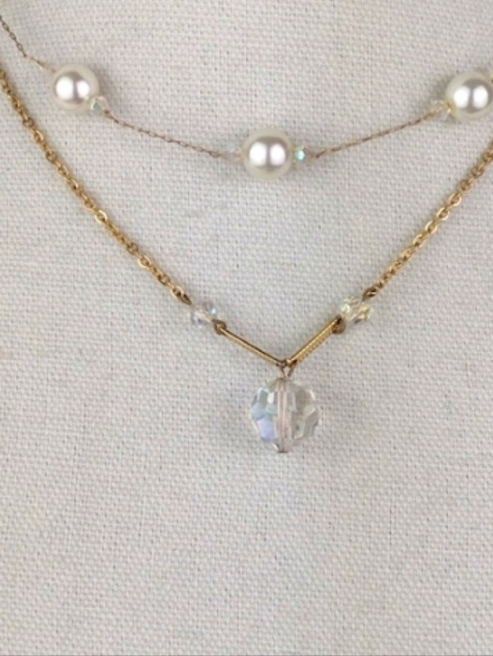 2 Gold Tone Dainty Pearl & Chrystal Like Necklace Choker Duo
